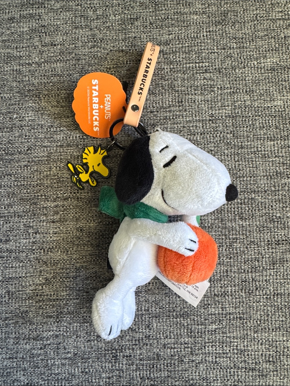Starbucks White Snoopy Plush Keychain with Orange Ball and Green Scarf